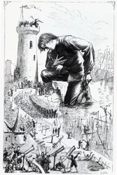 Gulliver se ajoelha diante dos liliputianos depois de roubar a frota de Blefuscudian, ilustração de &39;Gulliver&39;s Travels&39; de Jonathan Swift, 1864